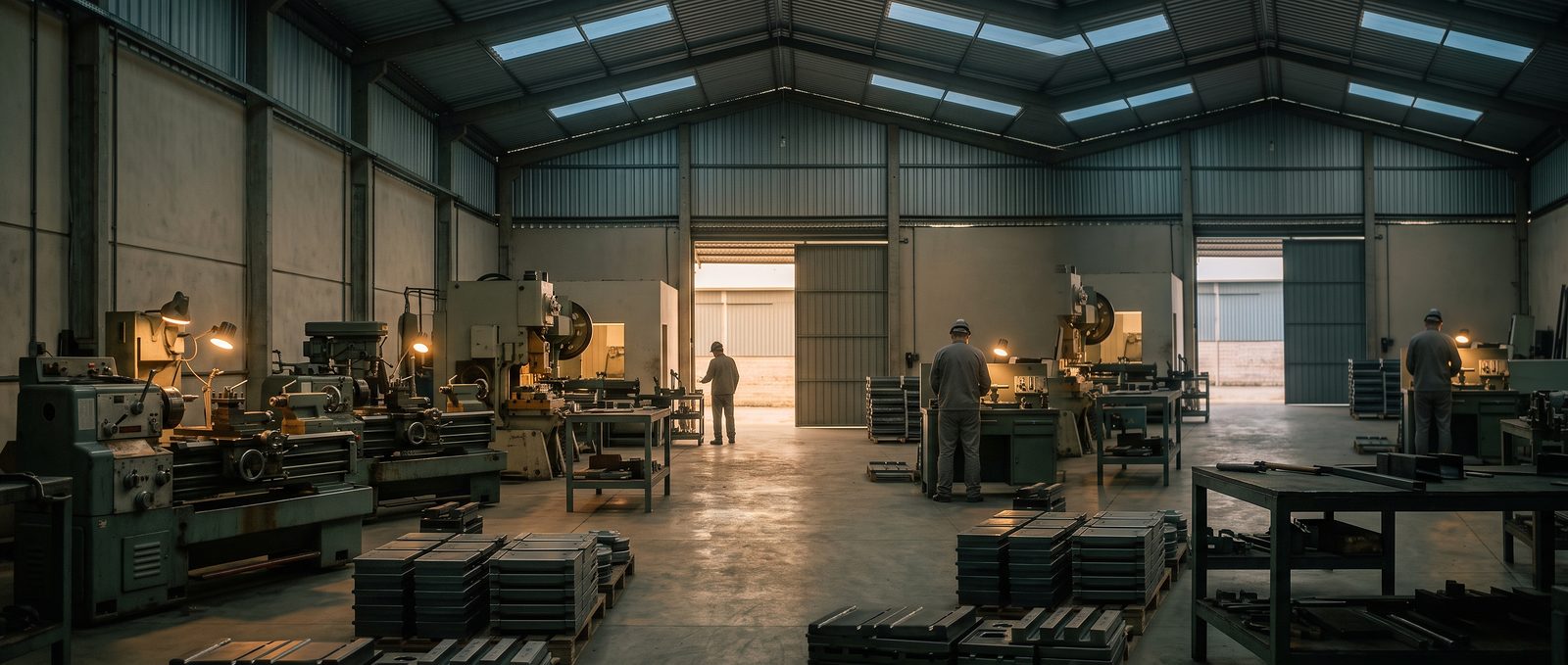 Interior de uma indústria metalmecânica de médio porte no início da manhã: tornos e prensas em operação, peças de aço empilhadas em paletes e a luz entrando pelo portão ao fundo.