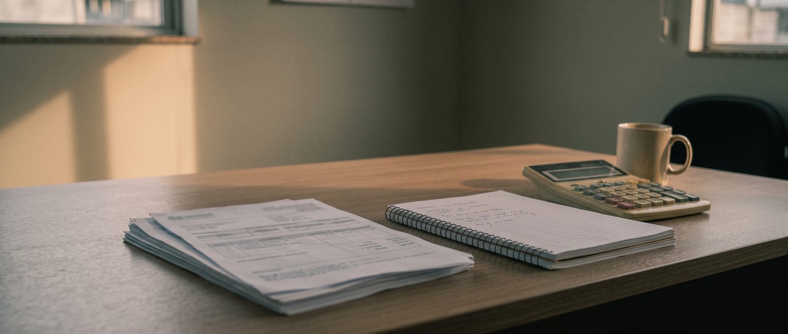 Mesa de escritório no fim da tarde, com uma pilha de notas fiscais impressas, um caderno de anotações e uma calculadora.